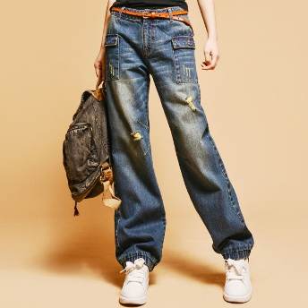 【S-5XL】ファッション ストリート系  グラマーサイズ ポケット レギュラーウエスト ダメージ加工 ボトムス デニムパンツ