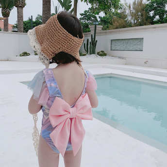 【80-140cm】ビッグリボンワンピース水着女の子幻のピンク色