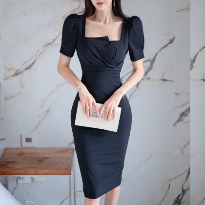 【S-XL】無地イレギュラースモッキングスクエアネック半袖韓国タイトドレス