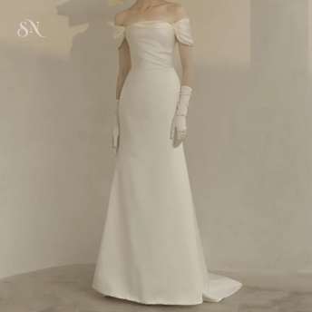 【XS~2XL】無地カットアウェイ・ショルダースリムウエディングドレス韓国スタイル