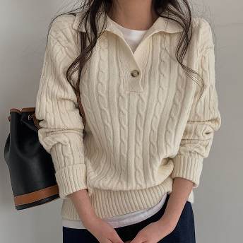 韓国ファッション着痩せ効果良い長袖折り襟ボタン無地ニット.セーター