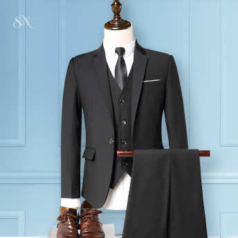 【S~6L】4色展開長袖折り襟スーツジャケット+シングルブレストベスト+無地スラックス３点セット