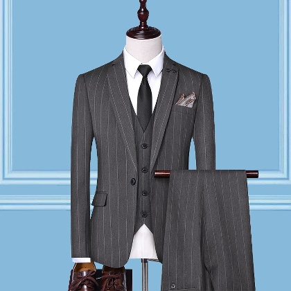 【M-4XL】フォーマルな印象ビジネスVネックベスト+ストライプ柄スーツジャケット+ロングメンズパンツセット