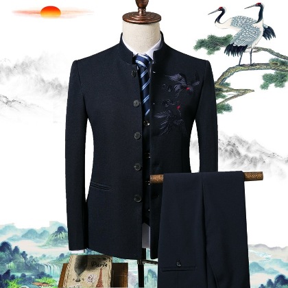 M-4XL 刺繍スタンドネック長袖スーツジャケット+Vネックシングルブレストベスト+無地レギュラーウエストメンズスーツセット