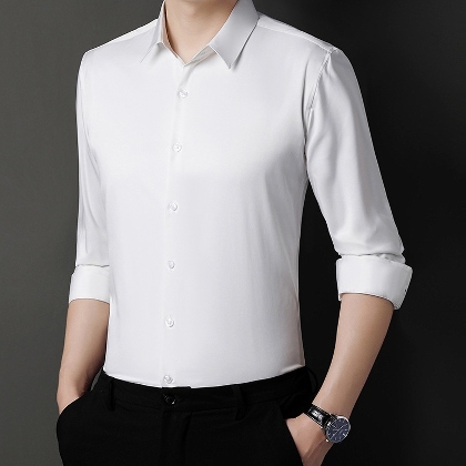 【M-4XL】フォーマルな印象ビジネス無地折り襟シングルブレスト長袖シャツ