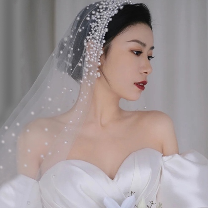 【人気ランキング上位！】幾何模様真珠ロングウエディングベール韓国スタイル