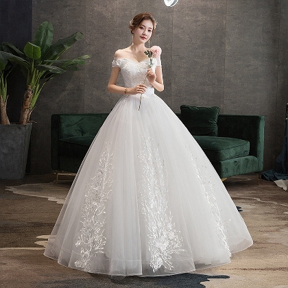 【XS-3XL】ロマンティック無地刺繍オフショルダーロングボールガウンウエディングドレス韓国スタイル