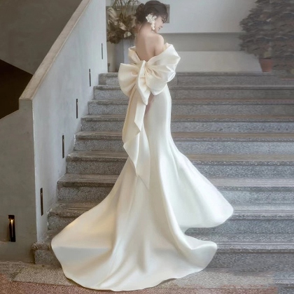 【XS~2L】無地ボウタイリボンマーメイド・ラインロングウエディングドレス韓国スタイル