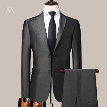 【単品注文可】【M-4XL】折り襟シングルブレストスーツジャケット+無地スラックススーツセット
