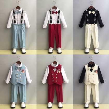 【80-150】コサージュ+蝶ネクタイ+サスペンダー+無地シングルブレストシャツ+ベスト+パンツ男の子スーツセット