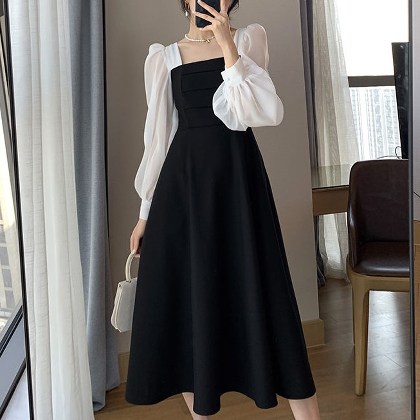 【S-2XL】韓国ファッションランタンスリーブ配色切り替えドレス