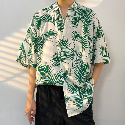 【M-3XL】プリントシングルブレスト半袖折り襟シャツ