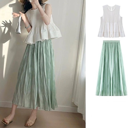 【S-XL】【単品注文可】韓国風ファッション 美しい 清新 ゆるい 高級感 ノースリーブ プリーツ スカート ワンピースセット