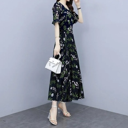 【M-4XL】 花模様 ギャザー Vネック ファッション ナチュラル ドレス