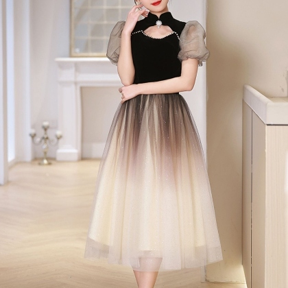 【S-XL】 グラデーション色 透かし編み 大人可愛いAライン 自宅で洗える パフスリーブ ドレス