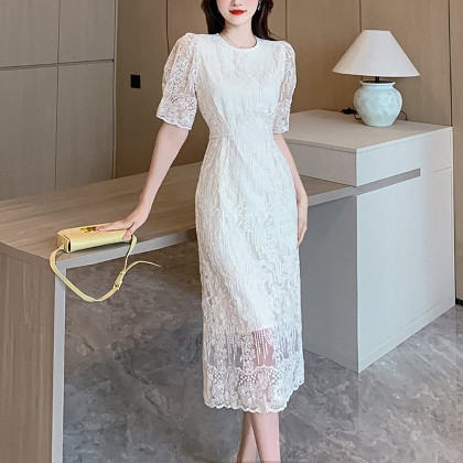 【S-2XL】お洒落上級者セレブリティ刺繍レーススリットボウタイ韓国系ドレス