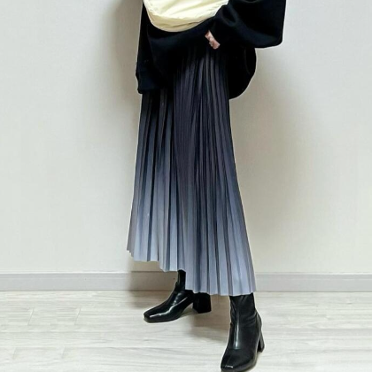 【S-XL】Aラインギャザーファッションハイウエストグラデーション色プリーツスカート