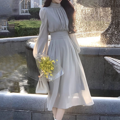 美人度アップロマンチックパフスリーブシフォンリボンタイ韓国系ドレス