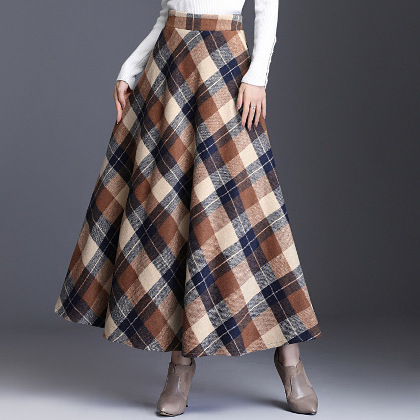 S-3XL配色チェック柄ファッション秋冬Aラインスカート