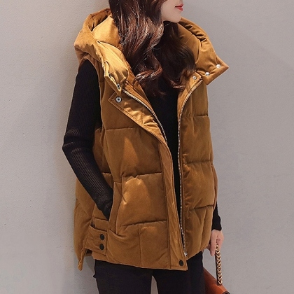 M-3XLノースリーブシンプルファッション冬秋フード付きジッパーダウンコート/中綿コート